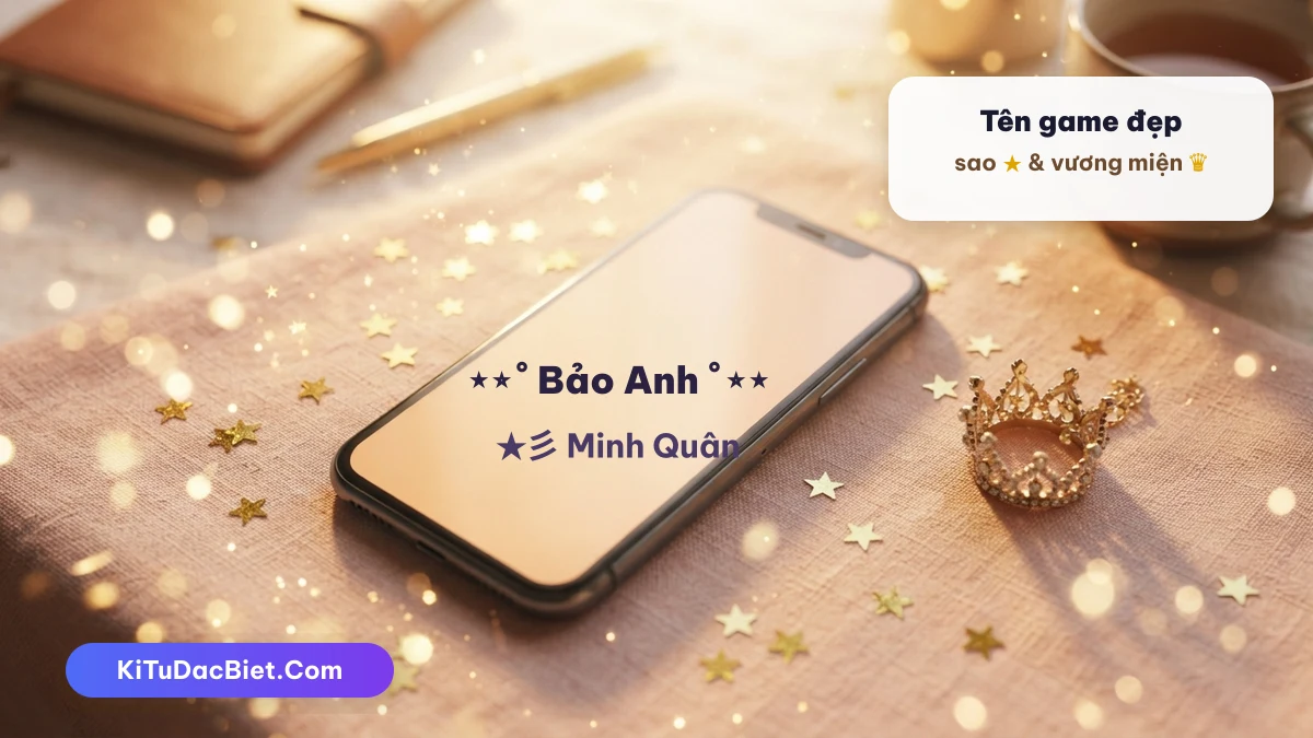 Tạo tên game bằng kí tự sao và vương miện đặc biệt Tên game trang trí bằng kí tự ngôi sao và vương miện trên màn hình điện thoại